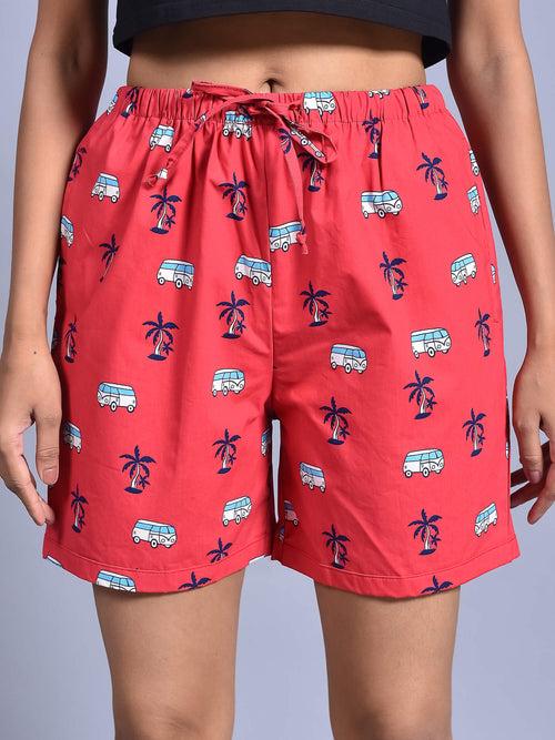 Red Bus Printed Cotton Boxers for Women