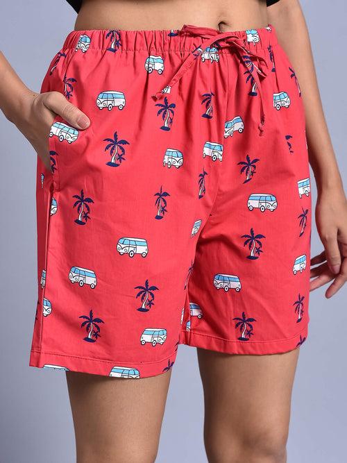 Red Bus Printed Cotton Boxers for Women