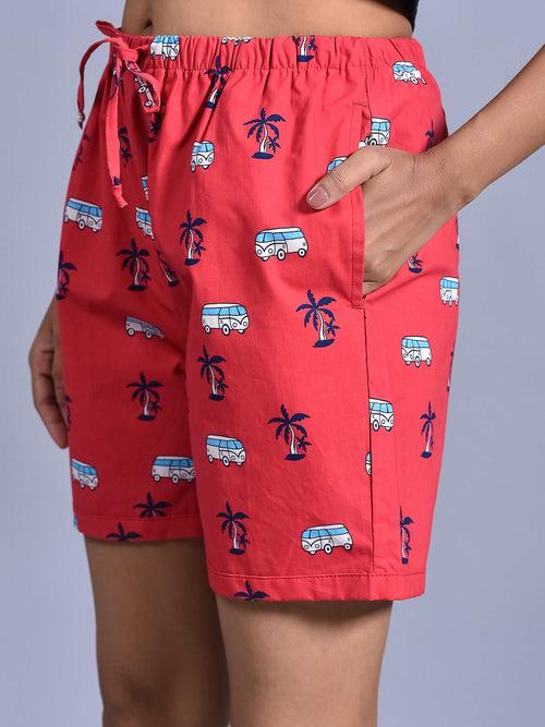 Red Bus Printed Cotton Boxers for Women