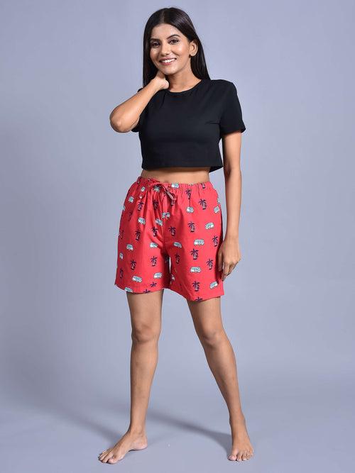 Red Bus Printed Cotton Boxers for Women