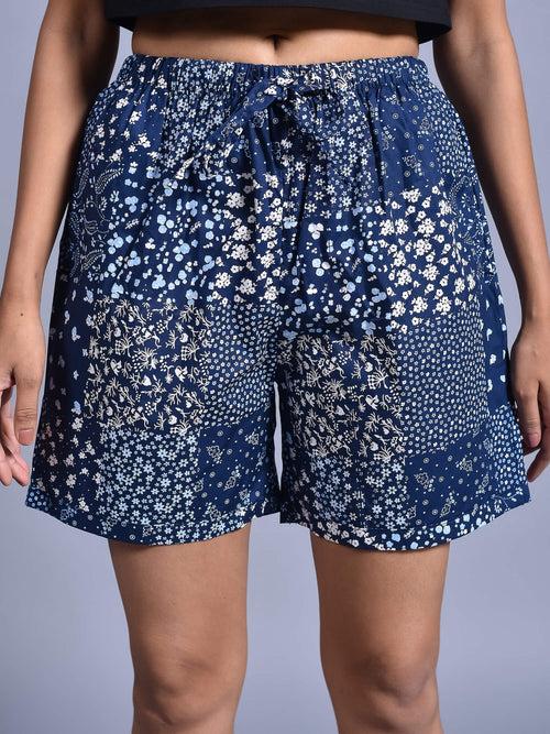 Navy Busy Flower Printed Cotton Boxers for Women