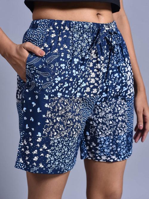 Navy Busy Flower Printed Cotton Boxers for Women