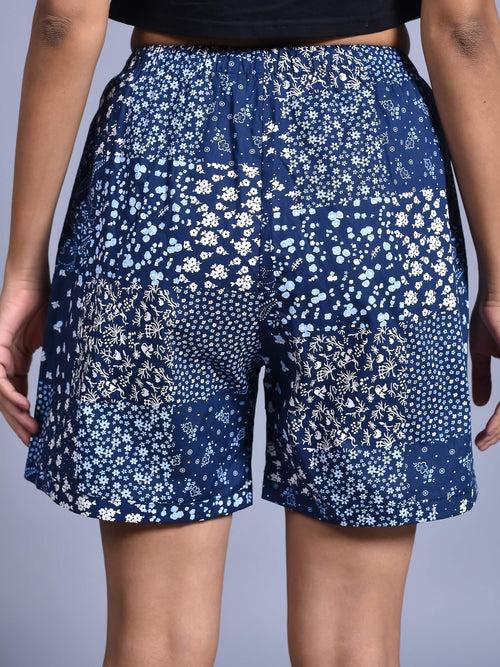 Navy Busy Flower Printed Cotton Boxers for Women