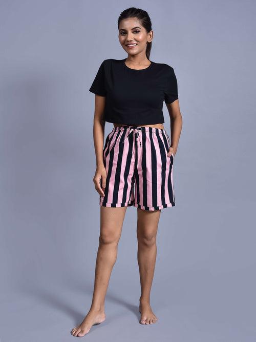 Pink Black Lining Printed Cotton Boxers for Women