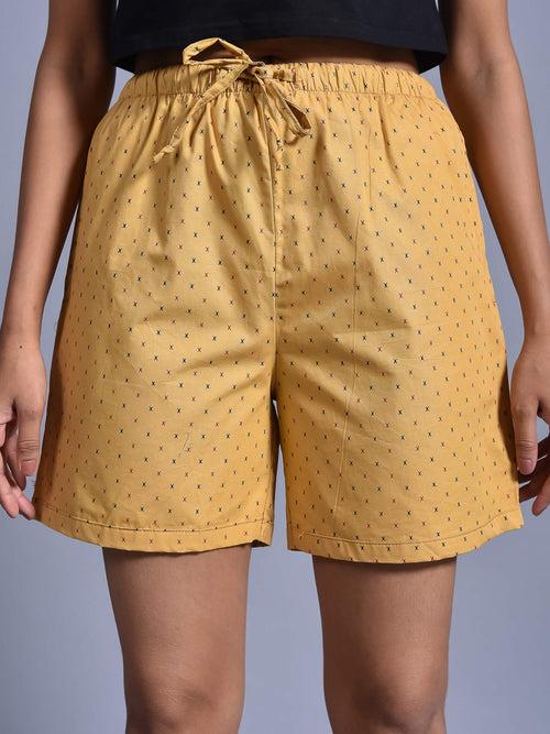 Mustard Cross Printed Cotton Boxers for Women