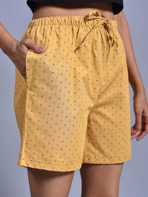 Mustard Cross Printed Cotton Boxers for Women