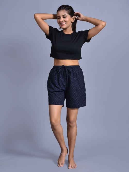 Navy Dot Printed Cotton Boxers for Women