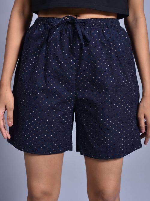 Navy Dot Printed Cotton Boxers for Women