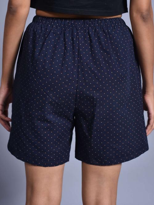 Navy Dot Printed Cotton Boxers for Women