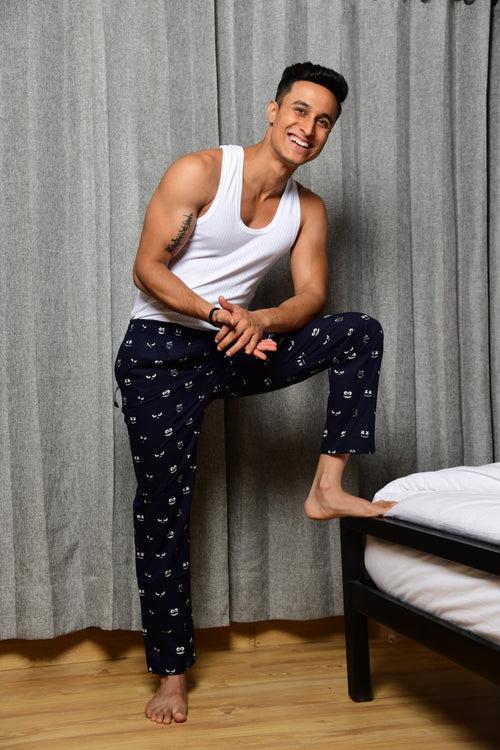 Navy Funky Cool Face Printed Cotton Pajamas For Men