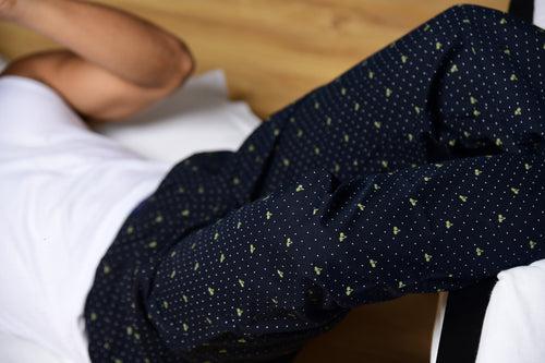 Navy Blue Dotted Printed Cotton Pajamas For Men