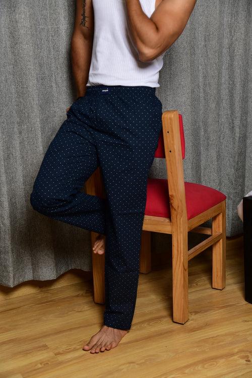 Navy White Dotted Men Premium Cotton Pajamas