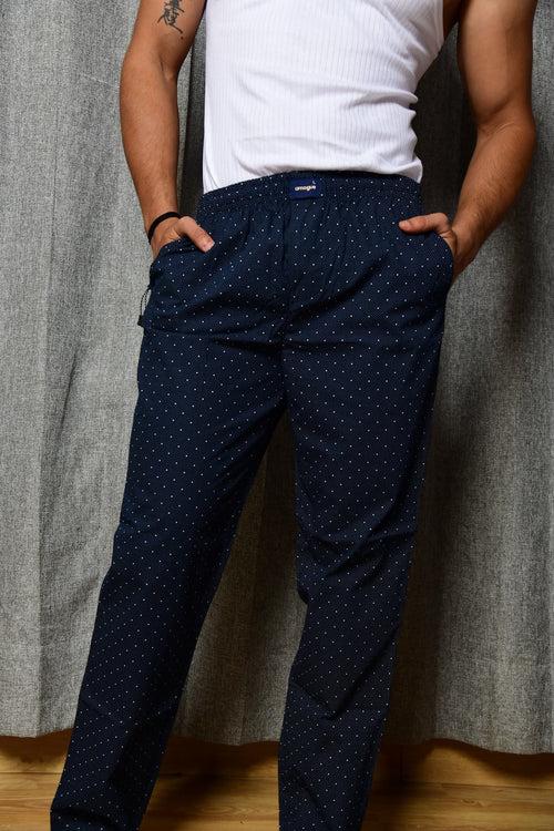 Navy White Dotted Men Premium Cotton Pajamas