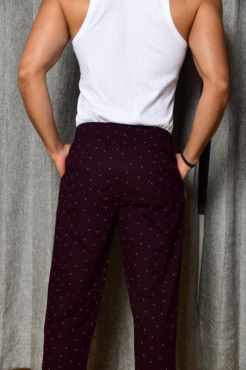 Wine Dotted Printed Cotton Pajama For Men