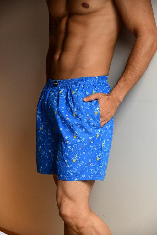 Blue Space Printed Cotton Boxer For Men