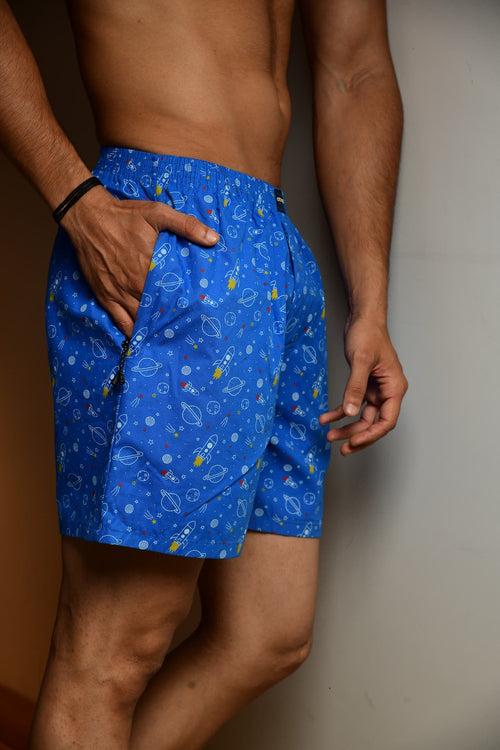 Blue Space Printed Cotton Boxer For Men