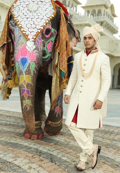 Off White Rose Embroidered Sherwani