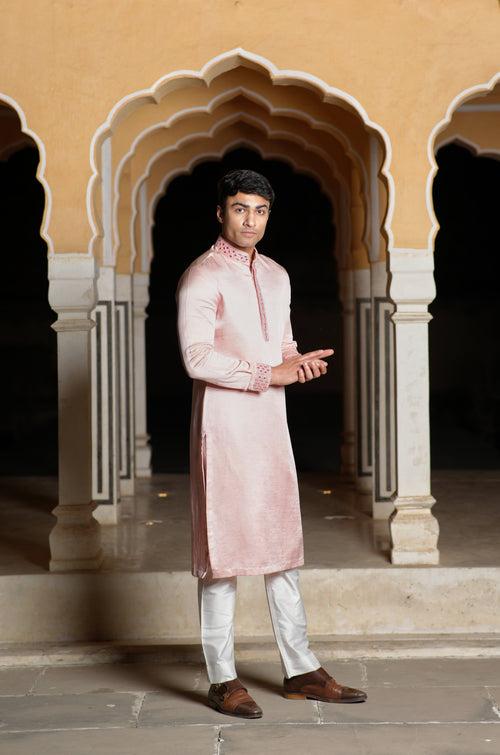 Peach Linen Silk Mirror Work Kurta