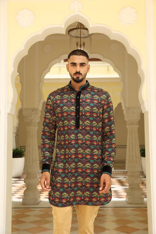 Black Multicolor Printed Linen Silk Short Kurta