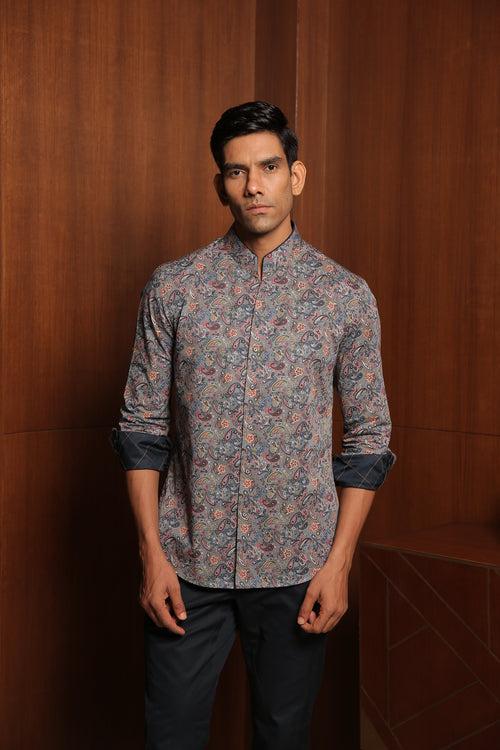 Black Checks Multicolour Paisley Printed Cotton Shirt