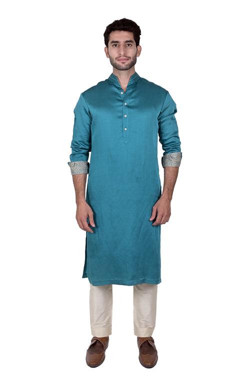 Turquoise Linen Silk Kurta