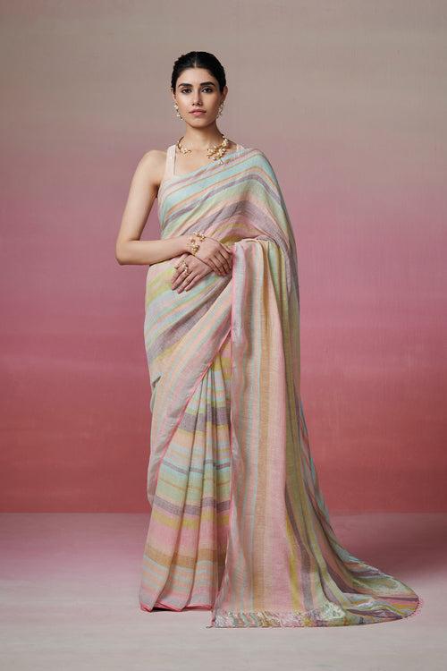 Handloom Multi-coloured Linen Saree