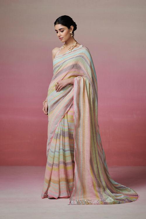 Handloom Multi-coloured Linen Saree