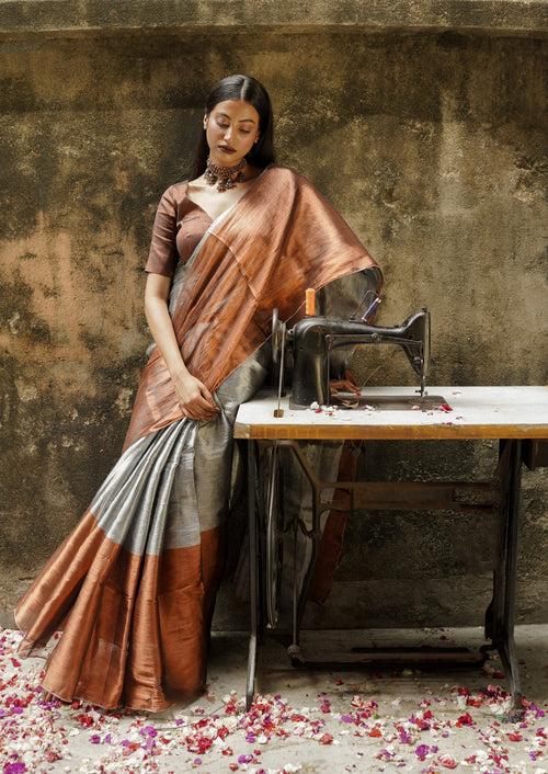 Silver And Copper Handloom Tissue Saree