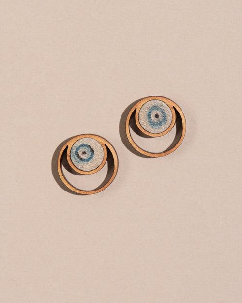 Whe Blue Beige Ajrakh Fabric and Repurposed Wood Stud Earrings