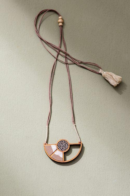 WHE Beige and White Geometrical Repurposed Fabric and Wood Adjustable Pendant Necklace