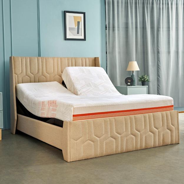 Wave Twin Adjustable Bed with Tranquil Walnut Shell Upholstered Bed, Mattress, and 2 Fitted Bedsheets