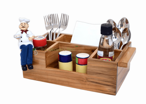 The Weaver's Nest Wooden Cutlery Holder with Salt & Pepper for Kitchen Dining