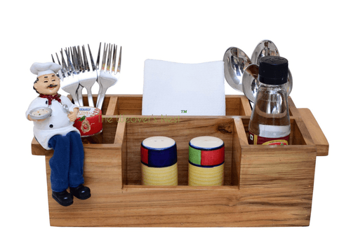 The Weaver's Nest Wooden Cutlery Holder with Salt & Pepper for Kitchen Dining