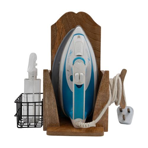 The Weaver's Nest Solid wood Wall Mounted Electric Iron Holder with Bottle storage, Laundry Room Iron Storage organizer With