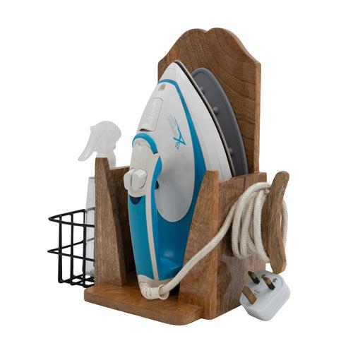 The Weaver's Nest Solid wood Wall Mounted Electric Iron Holder with Bottle storage, Laundry Room Iron Storage organizer With