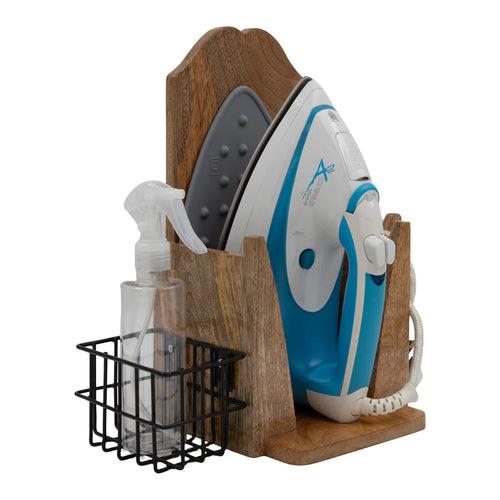 The Weaver's Nest Solid wood Wall Mounted Electric Iron Holder with Bottle storage, Laundry Room Iron Storage organizer With