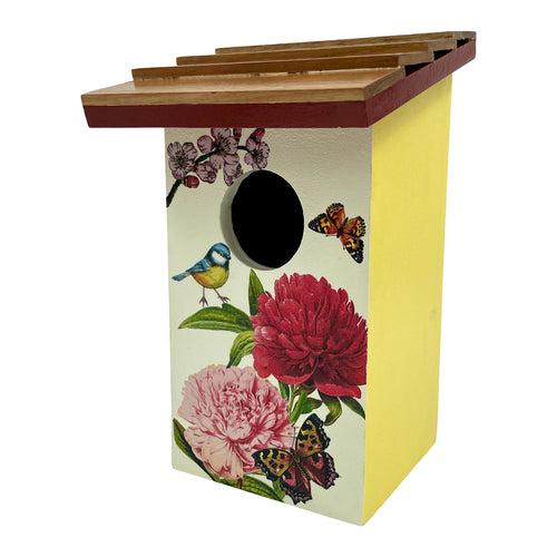 Yellow Floral Teak Roof Bird House