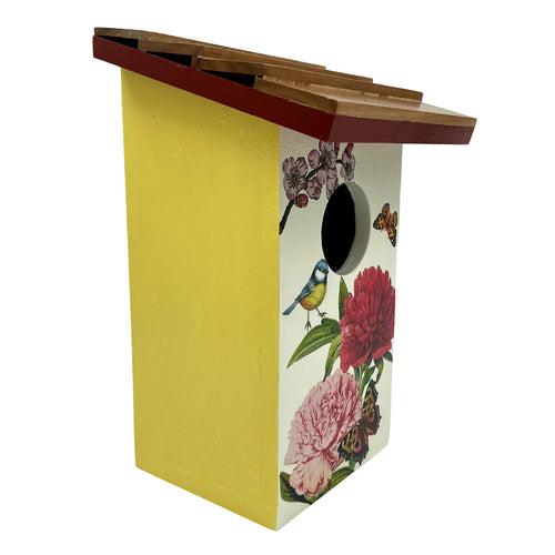 Yellow Floral Teak Roof Bird House