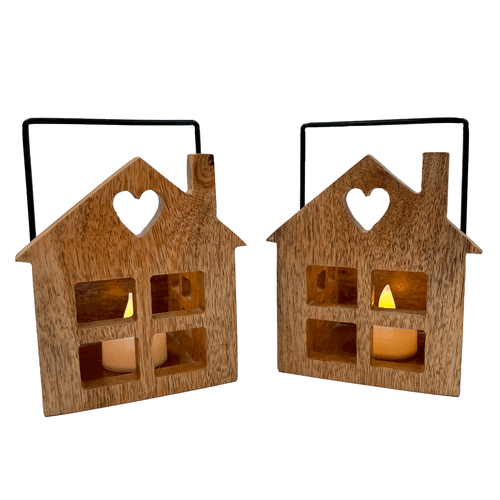 Wooden House T Light Holders / Lanterns- Set of 2