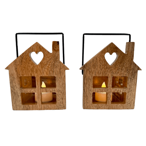 Wooden House T Light Holders / Lanterns- Set of 2