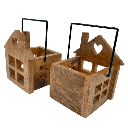 Wooden House T Light Holders / Lanterns- Set of 2