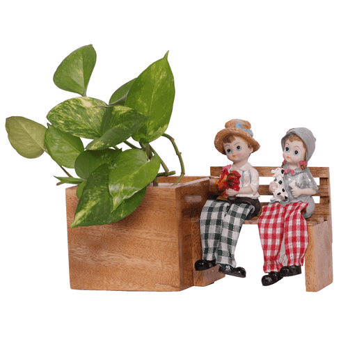 The Weaver's Nest Wooden Bench Planter with Figurine for Home, Porch, Balcony, Garden, Living Room