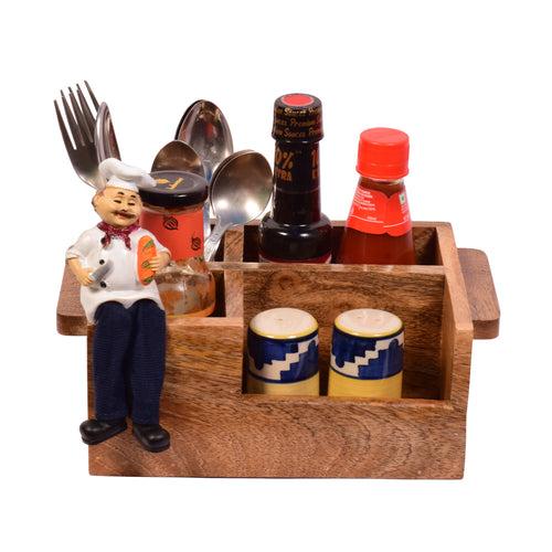 The Weaver's Nest Solid Wood Table Utility Cutlery Holder with Salt and Pepper Shakers and Figurine for Dining Table, Kitchen and Restaurants