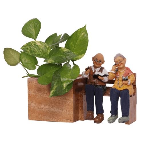 The Weaver's Nest Wooden Bench Planter with Figurine for Home, Porch, Balcony, Garden, Living Room