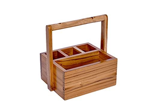 The Weaver's Nest Teak Wood Table Utility Cutlery Holder with Figurine for Dining Table, Kitchen and Restaurants (Brown, 23 x 18 x 23 cm)