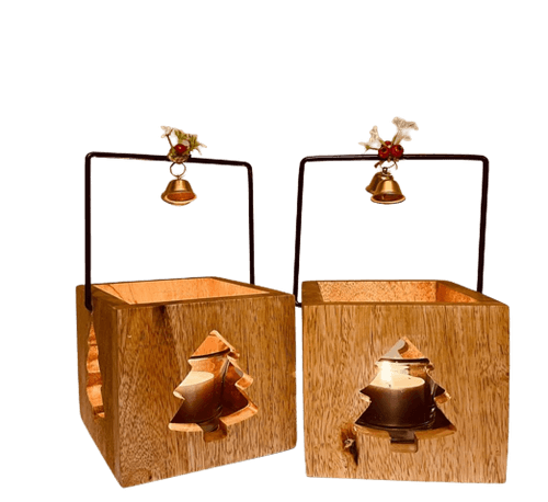 Wooden Christmas Tree T Light Holders / Lanterns- Set Of 2