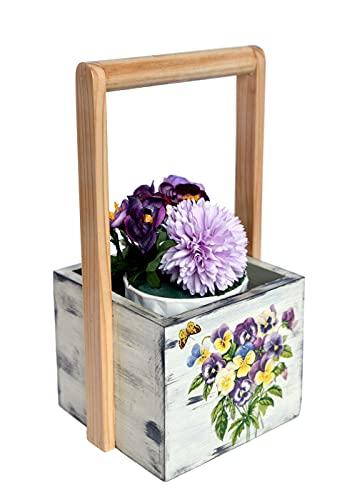 The Weaver's Nest Artificial Flowers in Wooden Planter with Handle - Plant Stand, Flower Pot Holder for Home, Table Tops, Offices, Restaurants, Garden, Balcony, Living Room