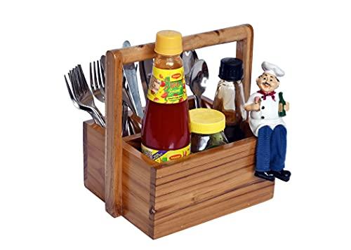 The Weaver's Nest Teak Wood Table Utility Cutlery Holder with Figurine for Dining Table, Kitchen and Restaurants (Brown, 23 x 18 x 23 cm)