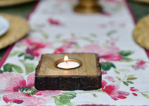 The Weaver's Nest Traditional Wooden Bark Handmade Tealight Candle Holder Set of Two for Home Decoration/ Festival Decor- Square Shaped Candle Stand