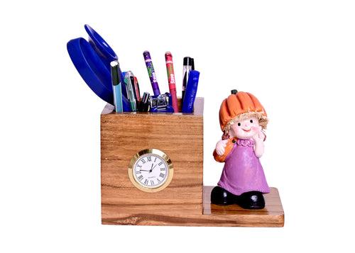 The Weaver's Nest Wooden Desk Organizer with Pen Stand and Clock with Single Compartment for Home and Office - Personalized Gift, Brown (18 x10x11cm)